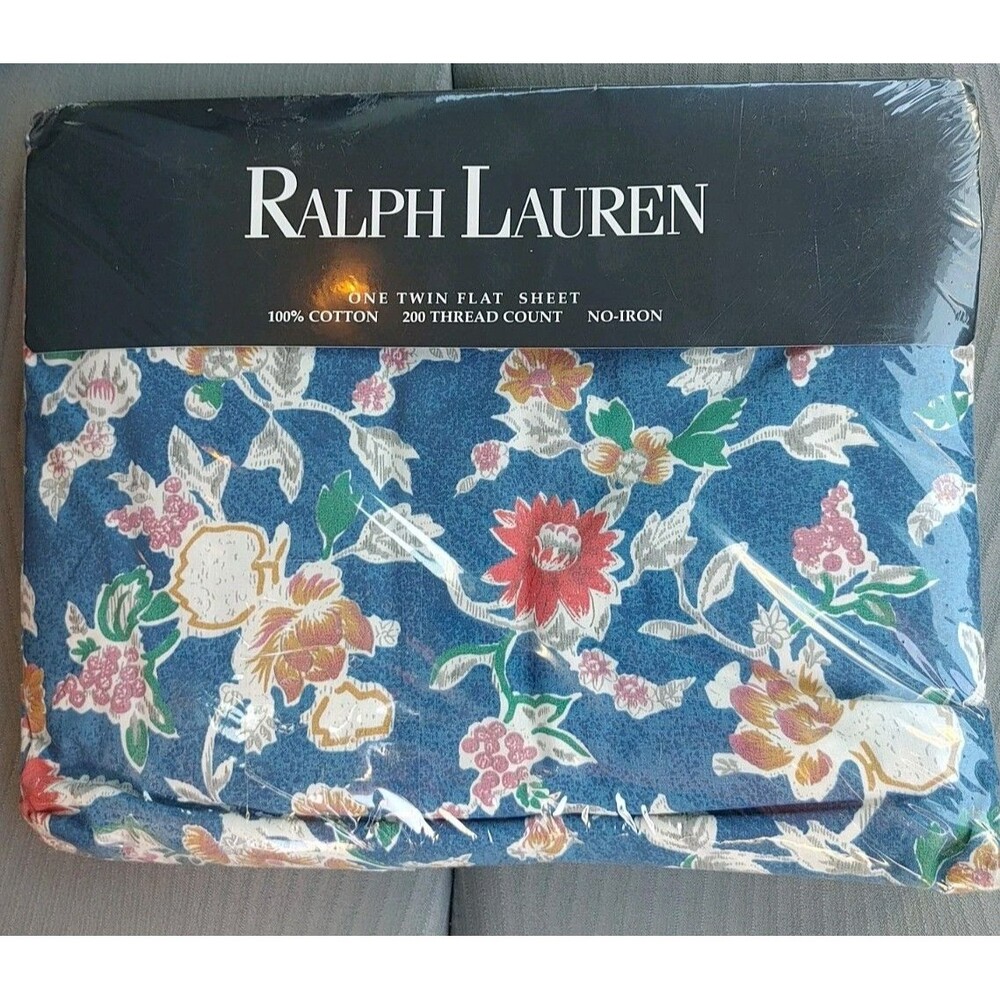 Ralph Lauren Jardin Blue Floral Twin Flat Sheet 100% Cotton USA